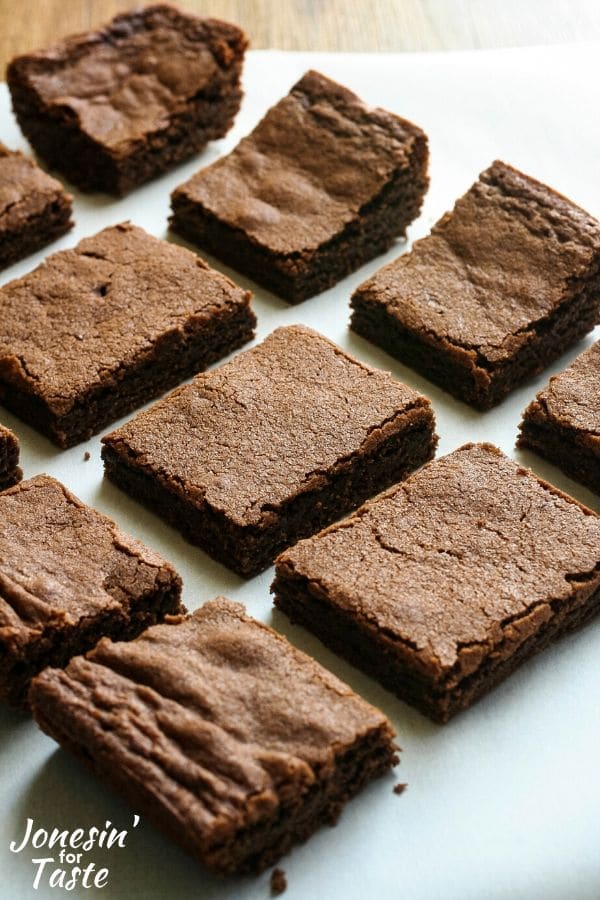 cut brownies on a piece of parchment paper
