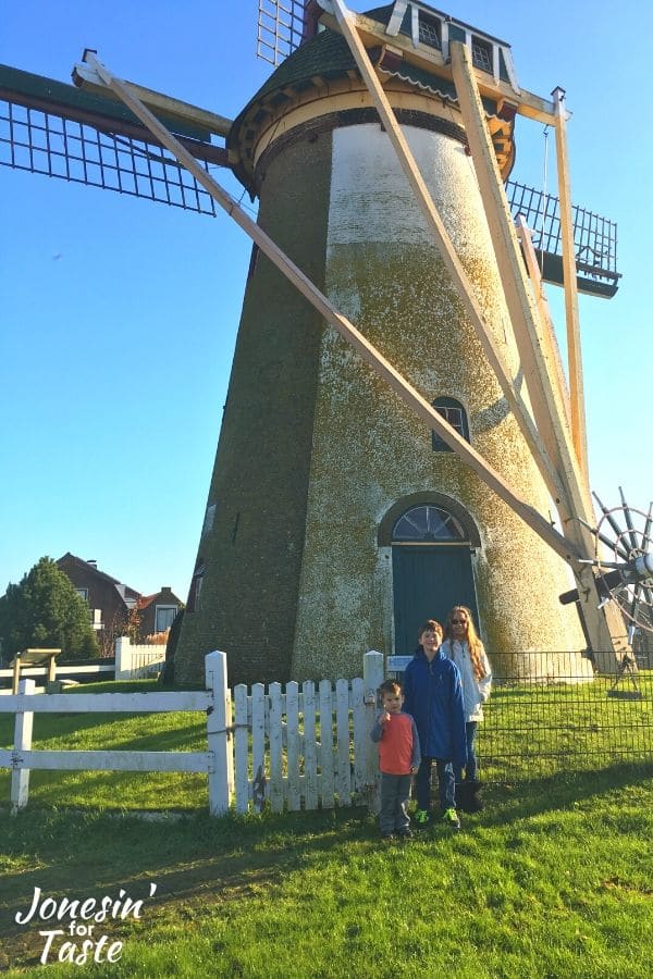children standing in front of a windmill