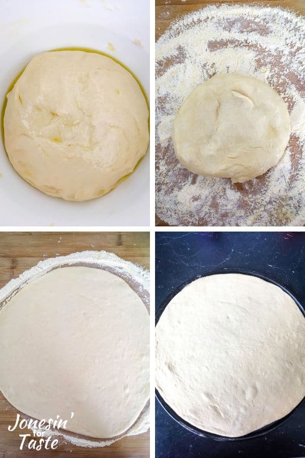 collage showing process of rolling out the pizza dough
