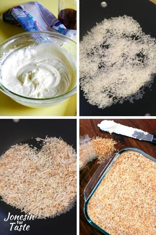 showing steps to make the frosting, toasted coconut, and assembling the cake