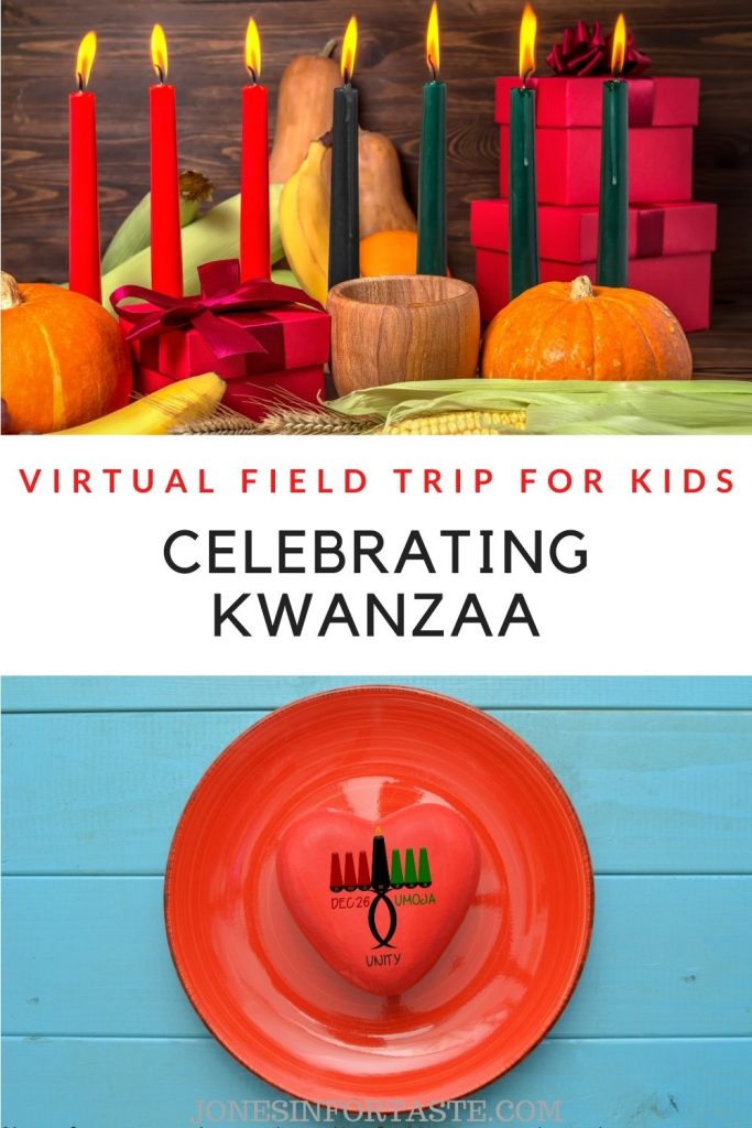 a collage graphic with 2 pictures of Kwanzaa with a text title in the center