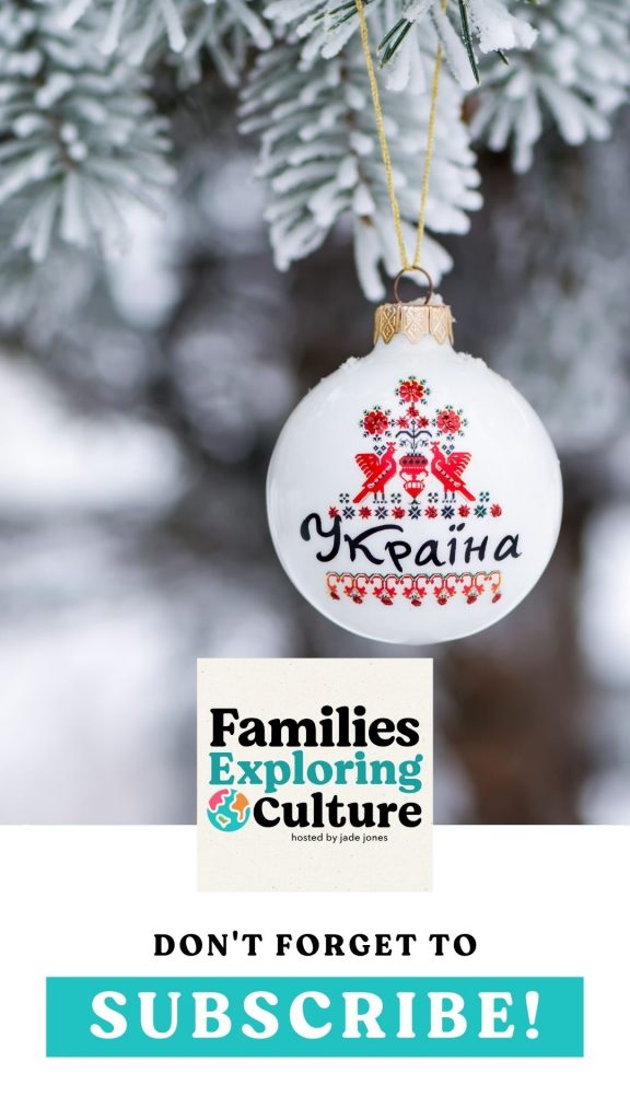 a collage with a photo of a Ukrainian Christmas ornament text graphic at the bottom calling for people to subscribe to the podcast
