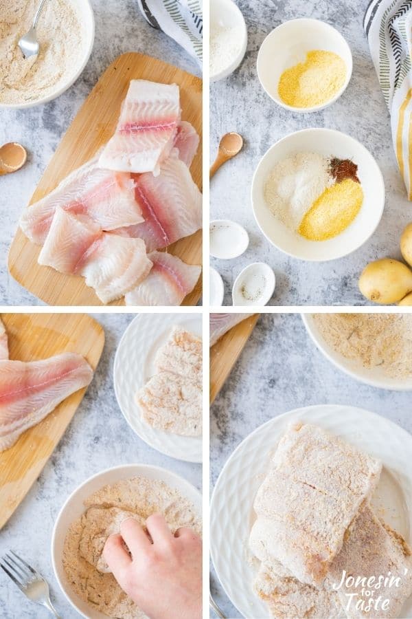 a collage showing the steps to prep the fish