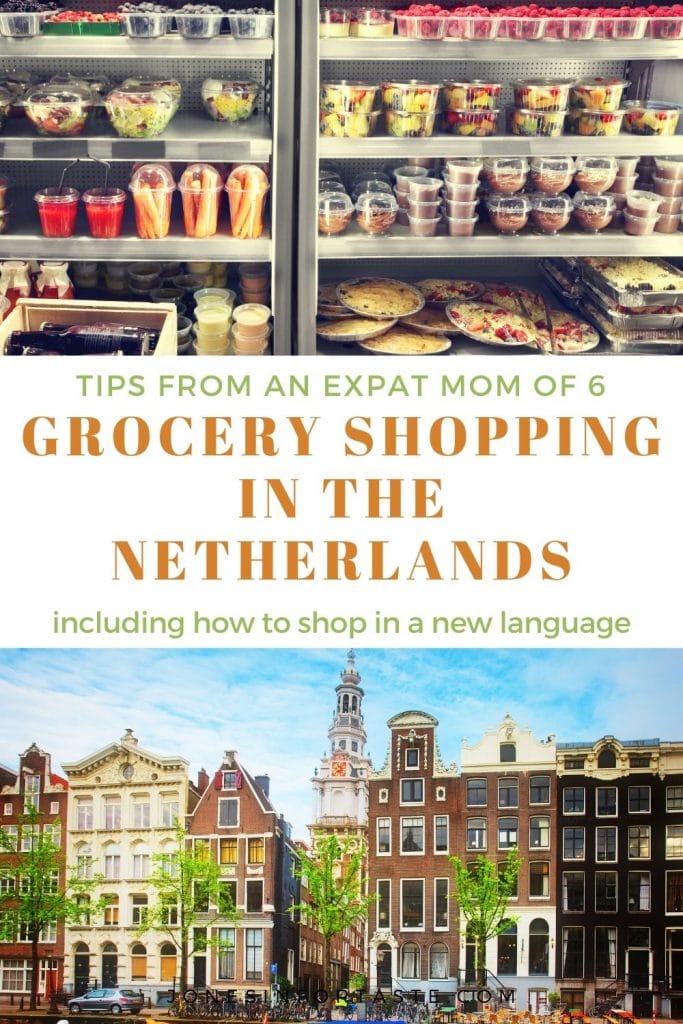 collage graphic of shelves in a grocery store on top and a row of homes in the Netherlands on the bottom, a text graphic is in the center
