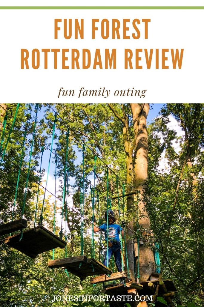 a boy navigates swinging platforms in the trees. A text graphic above the photo reads fun forest Rotterdam review fun family outing