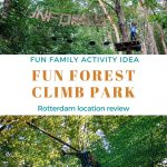 a 2 photo collage of kids climbing in the Fun Forest Climb Park with a text graphic in the center