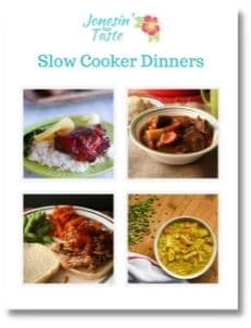the cover of slow cooker dinners ebook with a 4 photo collage of recipes included