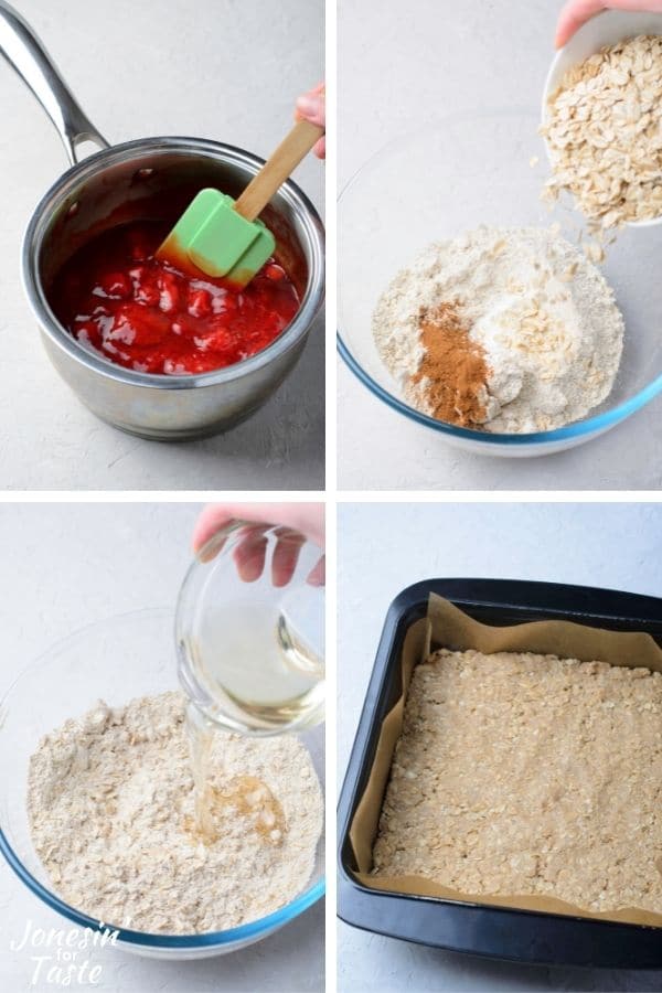 a 4 photo collage showing how to make the crust and strawberry filling