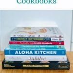 a picture of a colorful stack of cookbooks with text that says our family's favorite global cuisine cookbooks